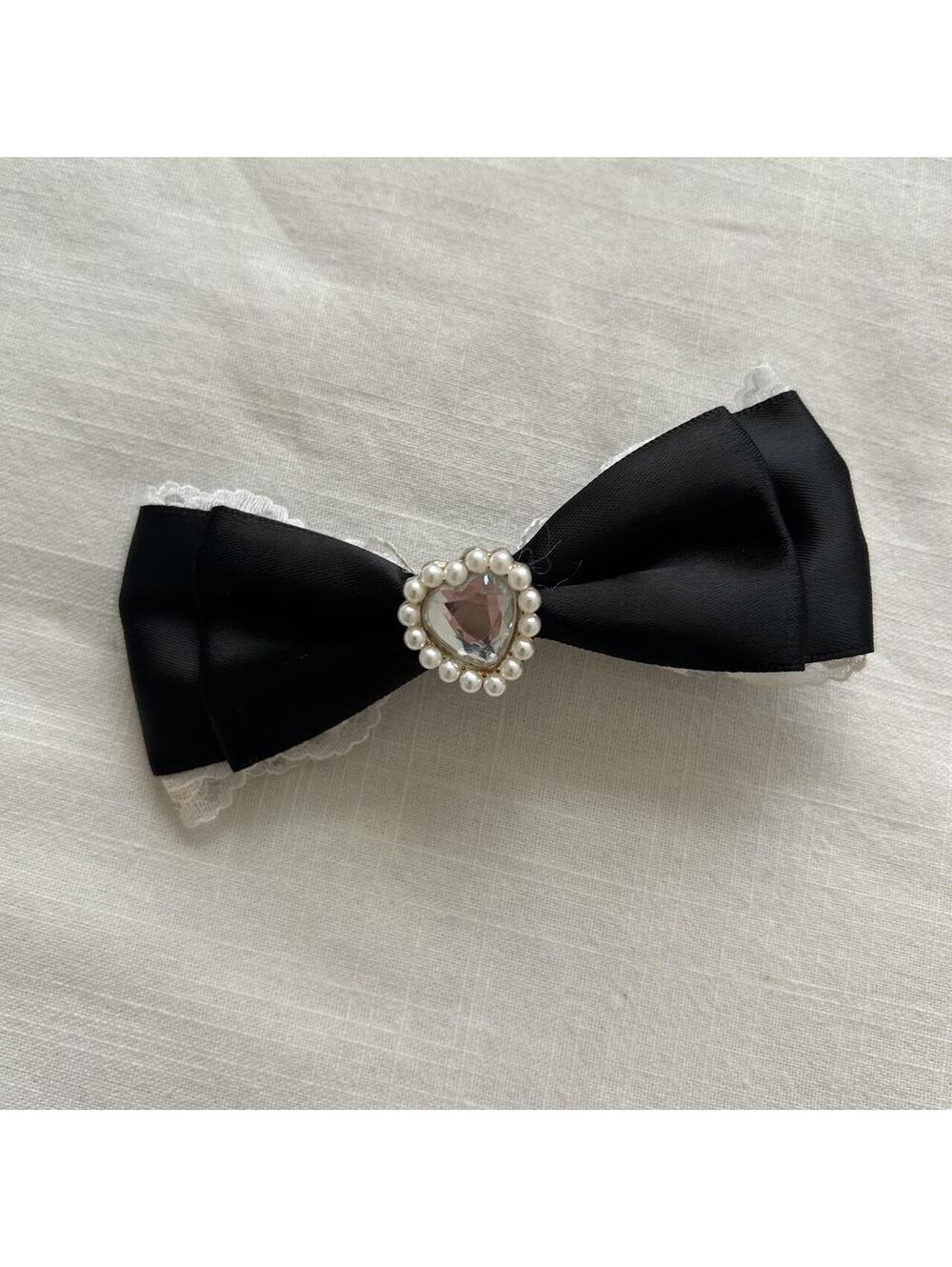 Black Satin Bow Hair Clip Lace Pearl Heart Rhinestone Gothic Lolita Japan